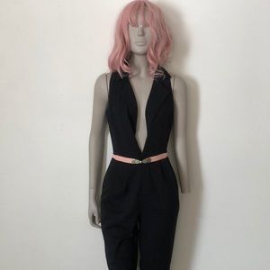 S/ Black collared lapel jumpsuit! V 90s, easy glam